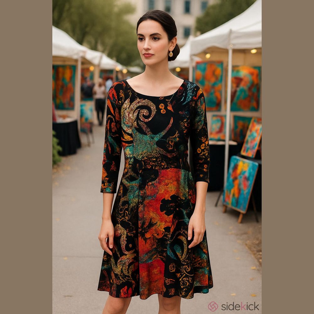 4/$97 Deal! Papillion Abstract Floral Black Midi Dress with Multicolor Print